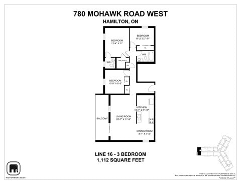 Floor plan for 3 beds, 1 bath, 1108 sqft